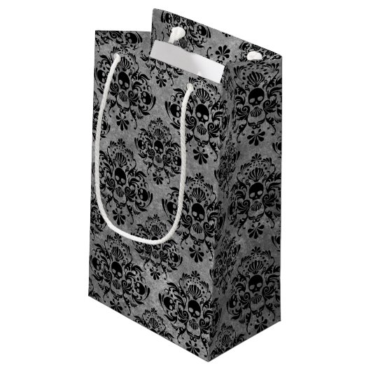 Glam Gothic Mini Skull Damask Pattern Black Grey Klein Cadeauzakje (Achterkant Gekanteld)