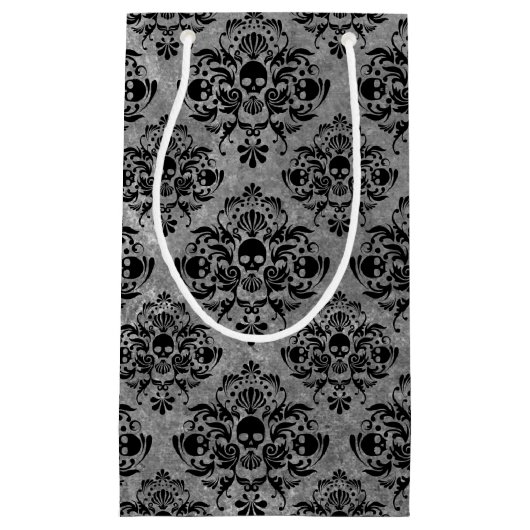 Glam Gothic Mini Skull Damask Pattern Black Grey Klein Cadeauzakje (Voorkant)