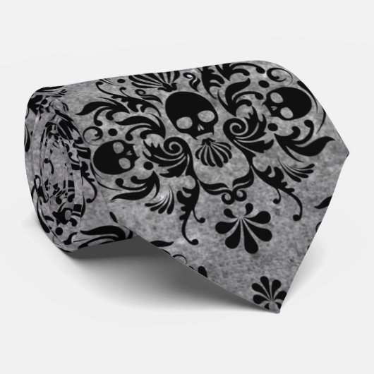 Glam Gothic Mini Skull Damask Pattern Black Grey Stropdas (Opgerold)