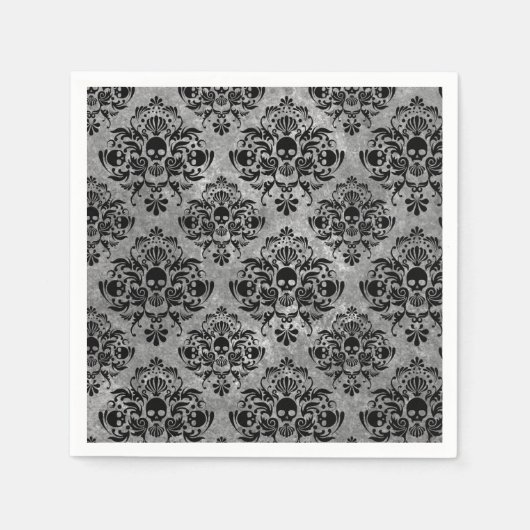 Glam Gothic Mini Skull Damask Pattern Zwart Grijs Servetten (Voorkant)