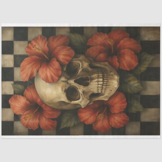 Glam Gothic Schedel met Hibiscusbloemen Tissuepapier (Voorkant)