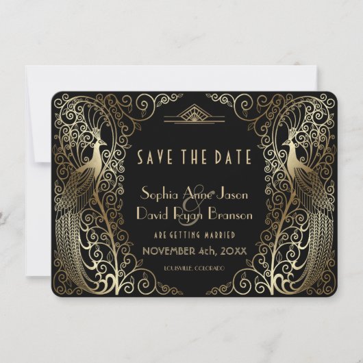 Glam Goud Art Deco Pauw Huwelijk Opslag De Datum Save The Date (Voorkant)
