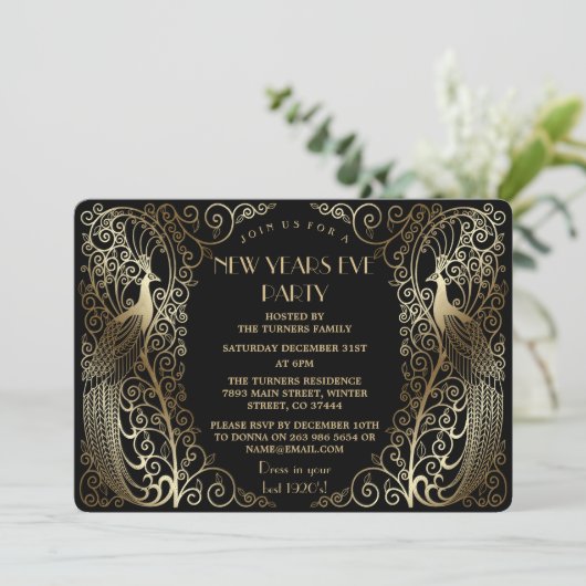 Glam Goud Art Deco Pauw Nieuwjaarsavond Kaart (Staand voorkant)