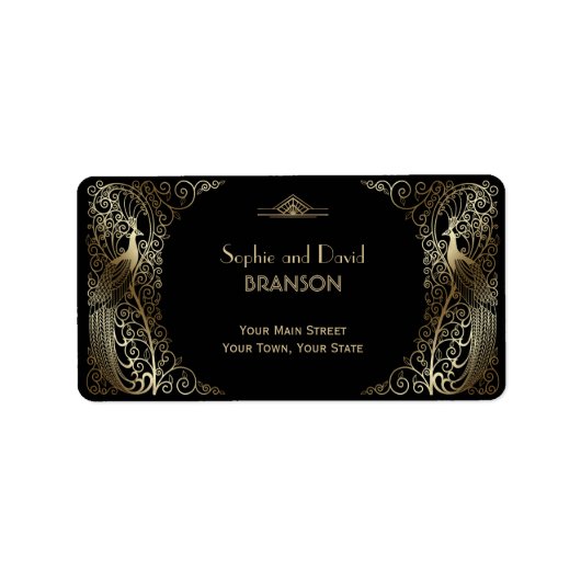 Glam Goud Art Deco Pauwen Bruiloft Etiket (Voorkant)