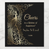 Glam Goud Art Deco Pauwen Bruiloft Wijn Etiket (Enkel label)