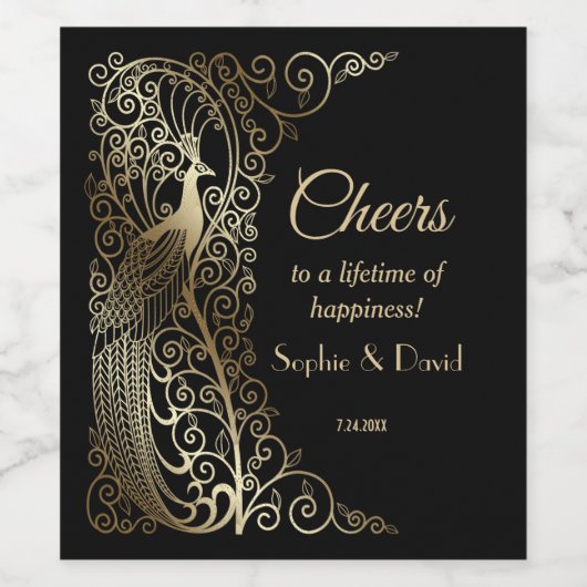 Glam Goud Art Deco Pauwen Bruiloft Wijn Etiket (Enkel label)