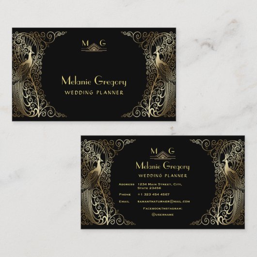 Glam Goud Art Deco Pauwen Professioneel Monogram Visitekaartje (Voorkant / Achterkant)