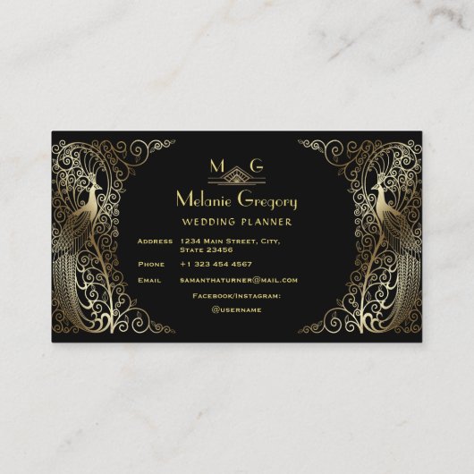 Glam Goud Art Deco Pauwen Professioneel Monogram Visitekaartje (Achterkant)