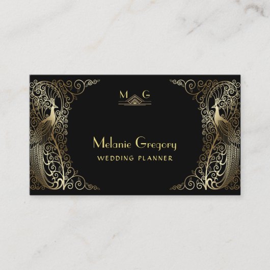 Glam Goud Art Deco Pauwen Professioneel Monogram Visitekaartje (Voorkant)