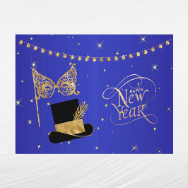Glam Goud Blauwe Masker Hoed Nieuwjaar Feestdagenkaart