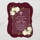 Glam Goud Burgundy Witte Bloem Doop Uitnodiging (Voorkant / Achterkant)