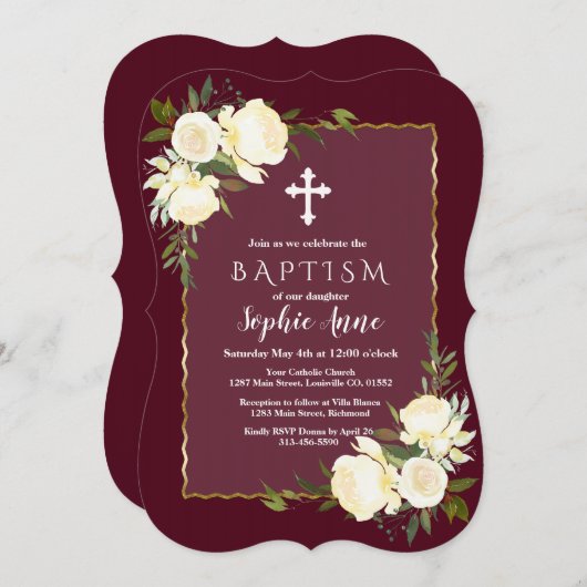 Glam Goud Burgundy Witte Bloem Doop Uitnodiging (Voorkant / Achterkant)