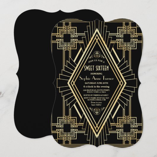 Glam goud en zwart Great Gatsby Sweet 16 Kaart (Voorkant / Achterkant)