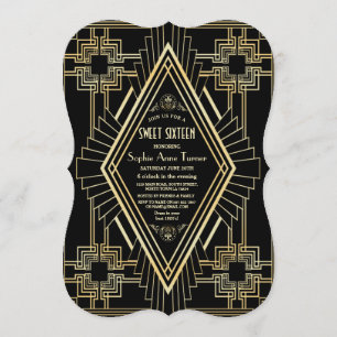 Glam goud en zwart Great Gatsby Sweet 16 Kaart
