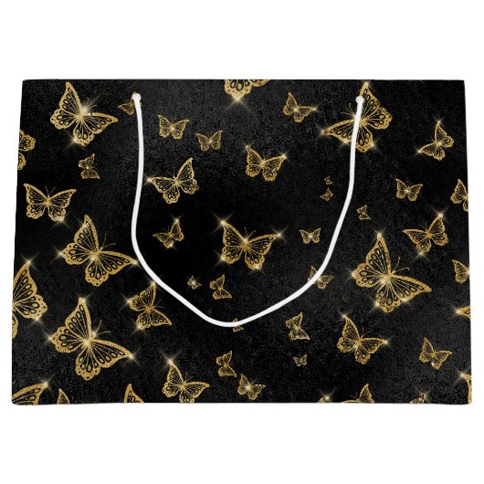 Glam goud- en zwarte vlinders groot cadeauzakje (Voorkant)
