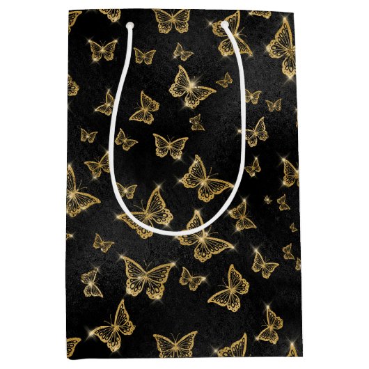 Glam goud- en zwarte vlinders medium cadeauzakje (Voorkant)