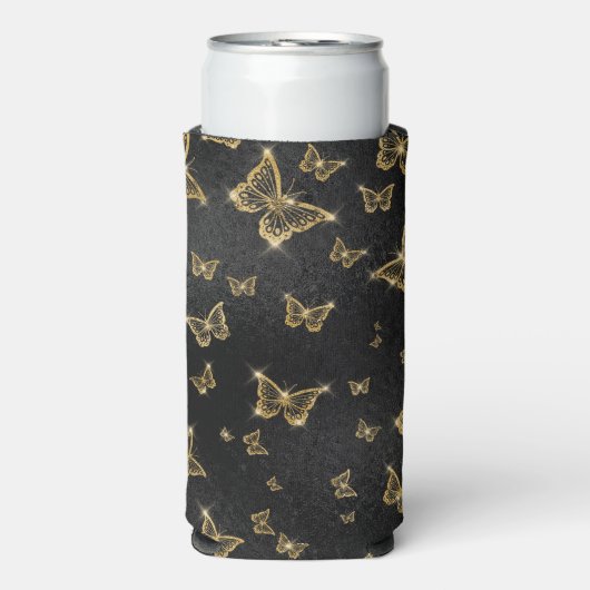 Glam goud- en zwarte vlinders seltzer blikjeskoeler (Seltzer Voorkant)