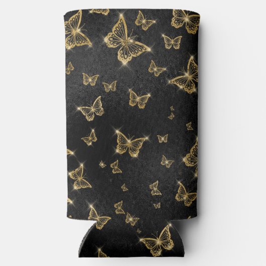 Glam goud- en zwarte vlinders seltzer blikjeskoeler (Achterkant)