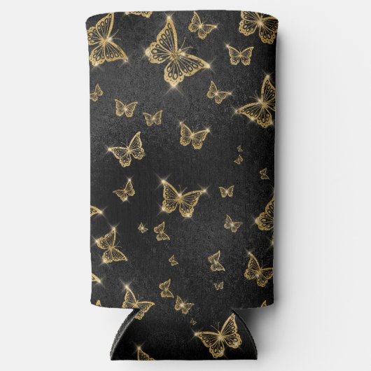 Glam goud- en zwarte vlinders seltzer blikjeskoeler (Voorkant)