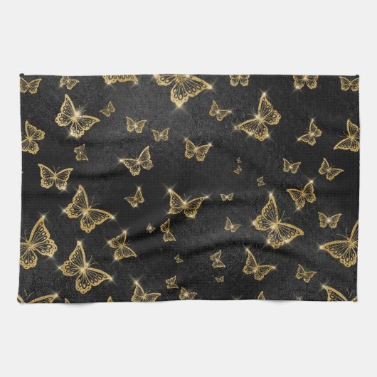 Glam goud- en zwarte vlinders theedoek (Horizontaal)