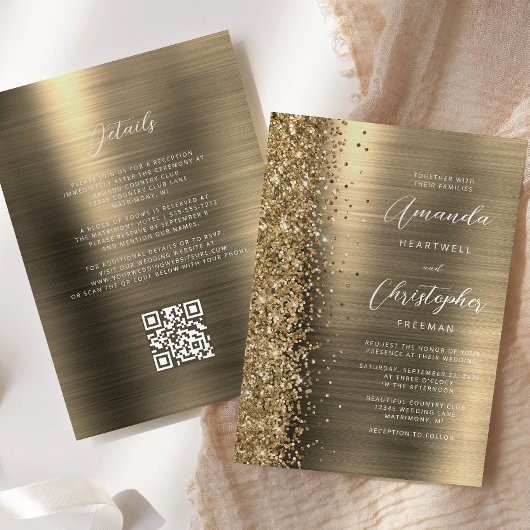 Glam Goud Geborsteld Metaal QR Code Huwelijk Kaart