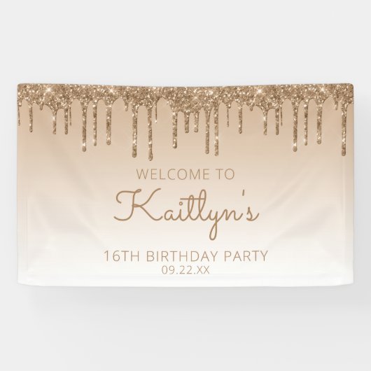Glam Goud Glitter Drip 16e Verjaardagsfeestje Spandoek (Horizontaal)