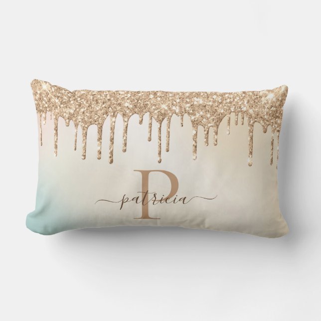 Glam Goud Glitter Drips Elegante Monogram Kussen (Voorkant)