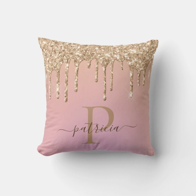 Glam Goud Glitter Drips Elegante Monogram Worp Kus Kussen (Voorkant)