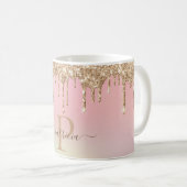 Glam Goud Glitter Druppels Elegant Monogram Koffiemok (Voorkant rechts)