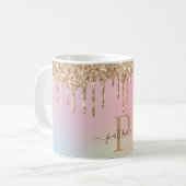 Glam Goud Glitter Druppels Elegant Monogram Koffiemok (Voorkant links)