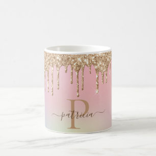 Glam Goud Glitter Druppels Elegant Monogram Koffiemok