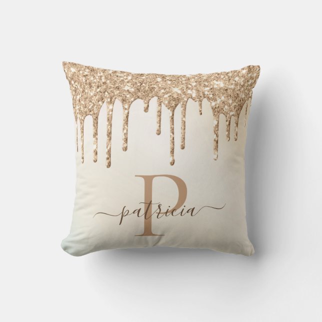 Glam Goud Glitter Druppels Elegant Monogram Kussen (Voorkant)