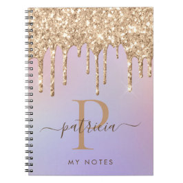 Glam Goud Glitter Druppels Elegante Monogram Schri Notitieboek