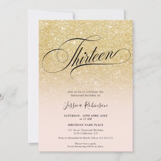 Glam goud glitter ombre chique script roze Dertien Kaart (Voorkant)