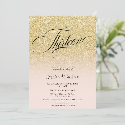 Glam goud glitter ombre chique script roze Dertien Kaart (Staand voorkant)