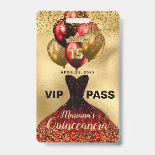 Glam Goud Glitter Rode Jurk Quinceanera VIP Badge