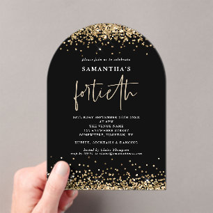Glam Goud Glitter Veertigste Feest Zwart Acryl Uitnodigingen