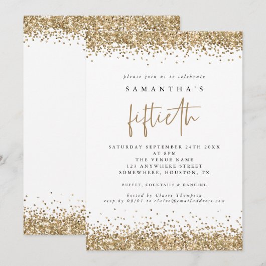 Glam Goud Glitter Vijftigste Feest Wit Kaart (Voorkant / Achterkant)