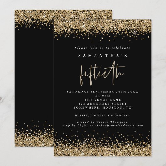 Glam Goud Glitter Vijftigste Feest Zwart Kaart (Voorkant / Achterkant)
