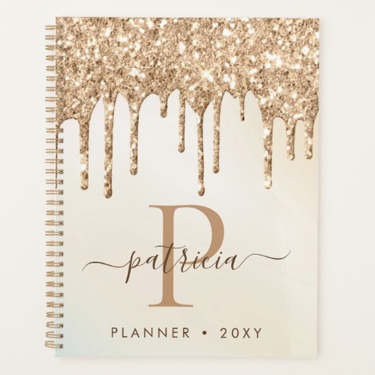 Glam Goud Glitterdruppels Elegante Monogram Planne Planner (Voorkant)
