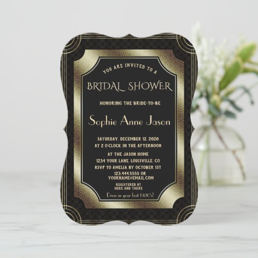 Glam Goud Great Gatsby Art Deco 20s Bruiloftsfeest Kaart (Staand voorkant)