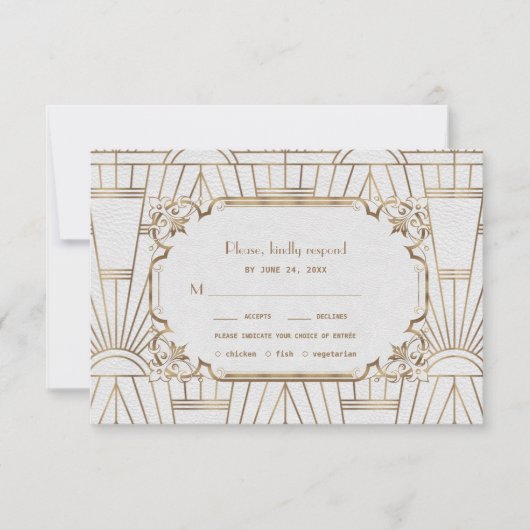 Glam Goud Great Gatsby Witte Art Deco 20s Bruiloft RSVP Kaartje (Voorkant)