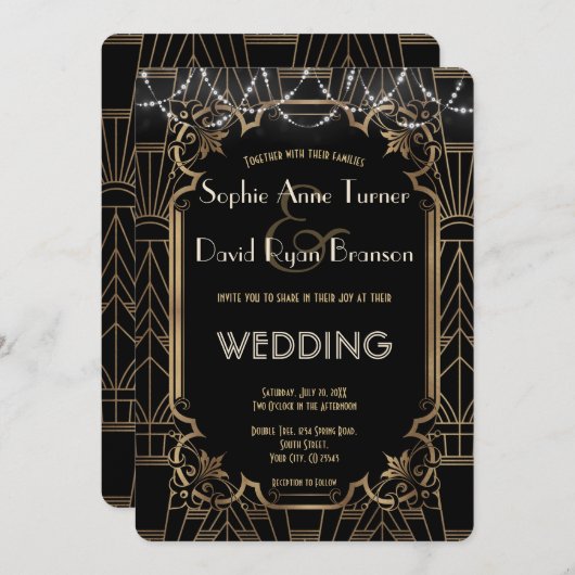 Glam Goud Great Gatsby Zwarte Art Deco 20s Bruilof Kaart (Voorkant / Achterkant)