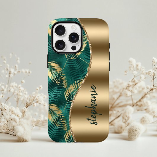 Glam Goud Groen Tropisch Bladpatroon Naam Case-Mate iPhone Case