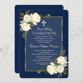 Glam goud marineblauw wit bloemendecor Eerste Comm Kaart (Voorkant / Achterkant)