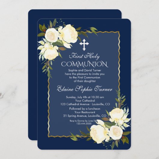Glam goud marineblauw wit bloemendecor Eerste Comm Kaart (Voorkant / Achterkant)