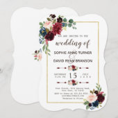 Glam Goud Merlot Navy Blauwe Bloemige Bruiloft Kaart (Voorkant / Achterkant)