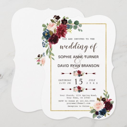 Glam Goud Merlot Navy Blauwe Bloemige Bruiloft Kaart (Voorkant / Achterkant)