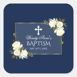 Glam Goud Navyblauw Witte Bloem Doop Uitnodiging Vierkante Sticker