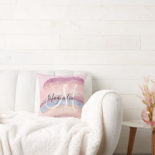 Glam Goud Roze Blauwe Edelsteen Kwaststreek Monogr Kussen